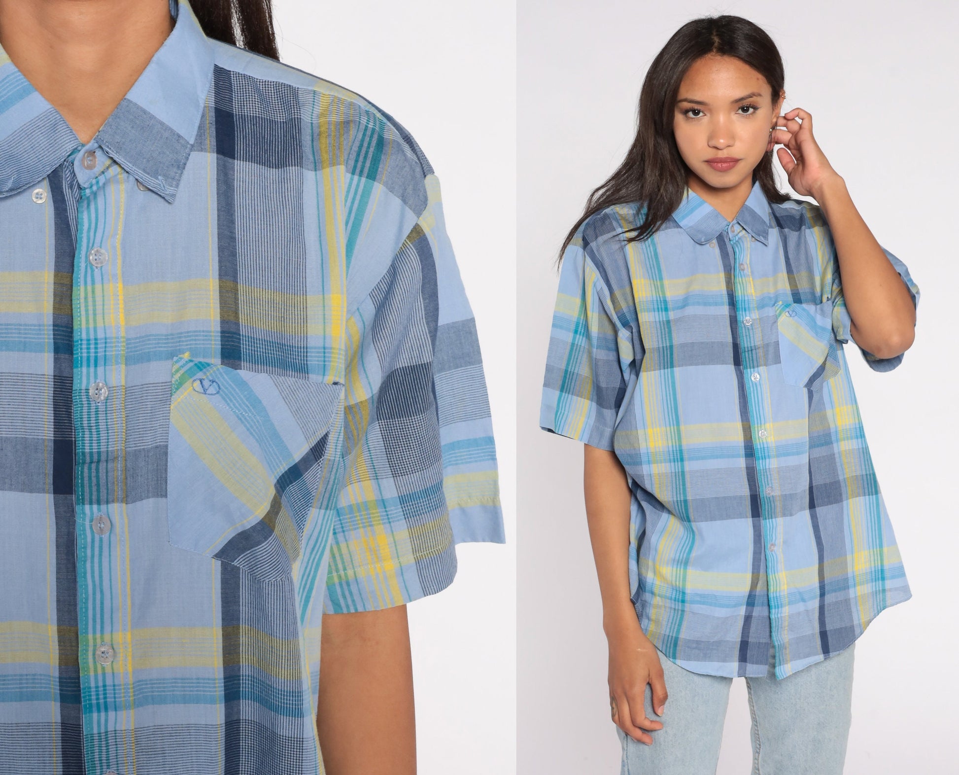 90s Valentino Chemises Blue Plaid Button-Up Shirt Short Sleeve Extra Large XL