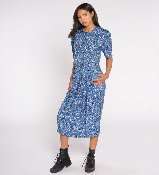 80s Blue Floral Midi Dress Puff Sleeve High Waist Rayon Medium