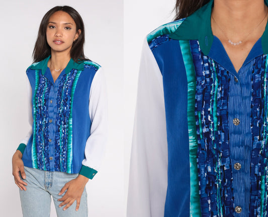 90s Blue & White Striped Button-Up Shirt Long Sleeve Collar Small