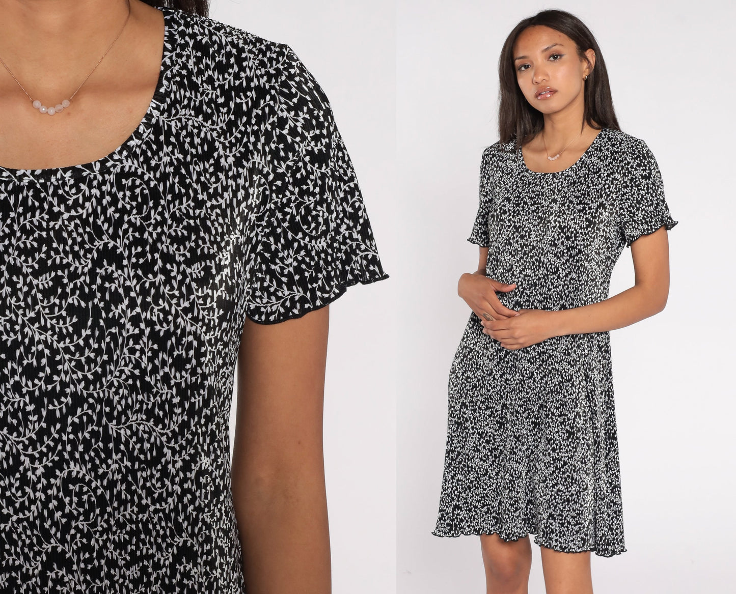 90s Black White Vine Print Mini Dress Shift Short Sleeve Medium