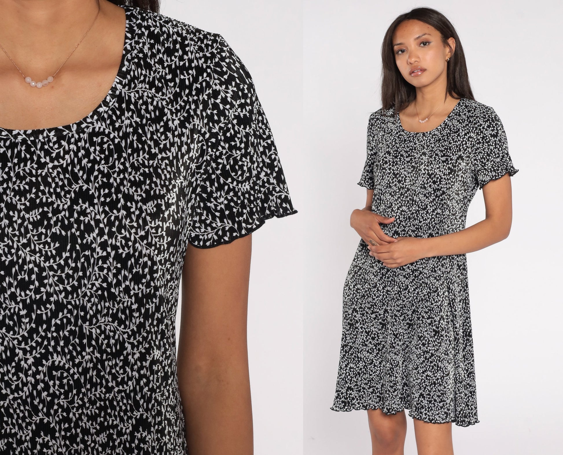 90s Black White Vine Print Mini Dress Shift Short Sleeve Medium
