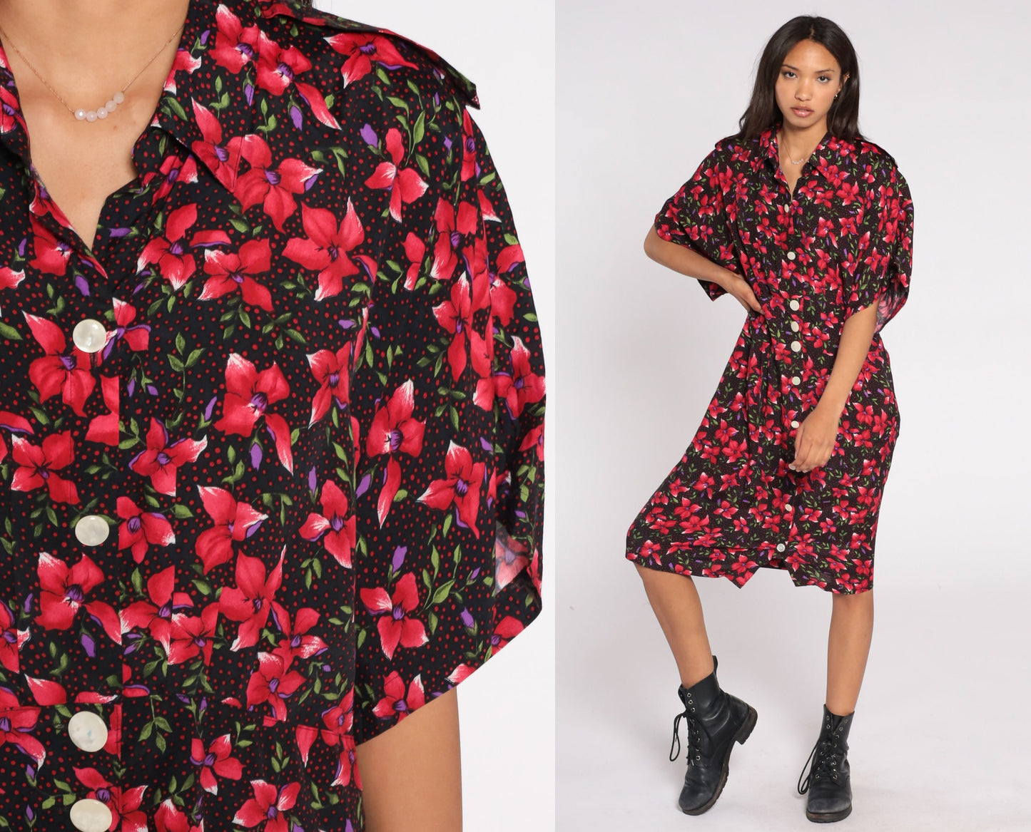 80s Floral Shirtdress Black Red Epaulette Midi Pleated Rayon Large L