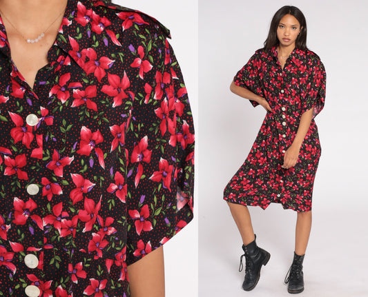 80s Floral Shirtdress Black Red Epaulette Midi Pleated Rayon Large L
