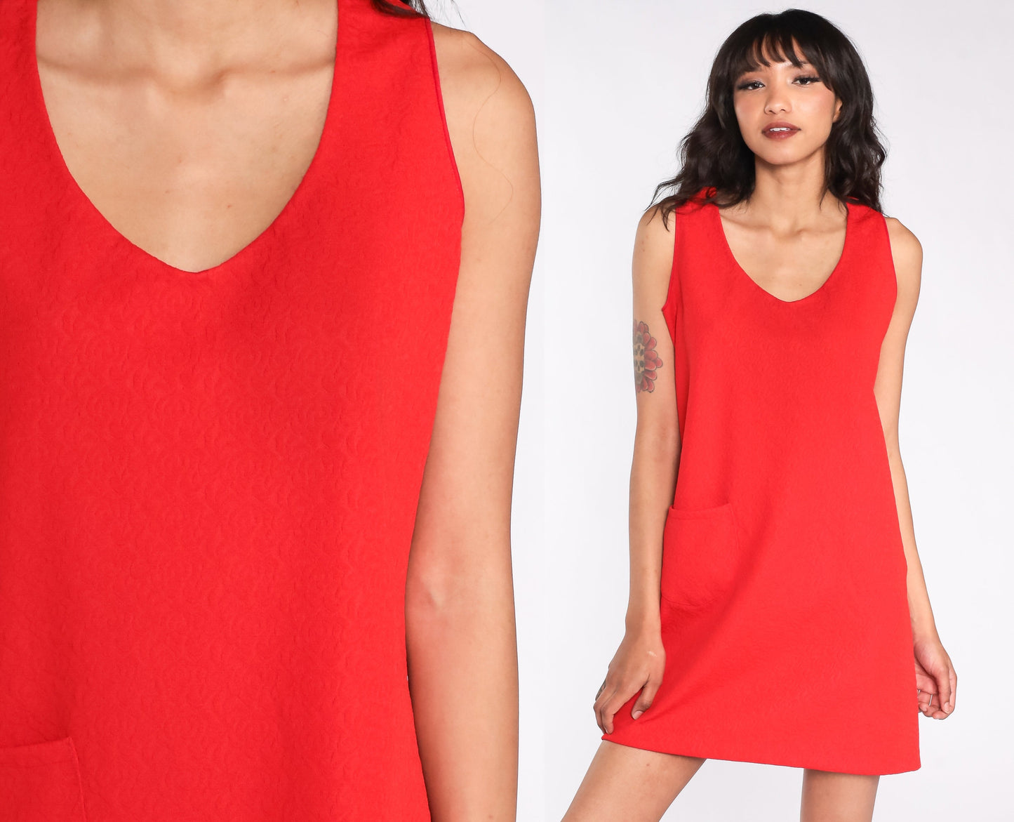 60s Mod Mini Shift Dress Red Sleeveless V-Neck Medium