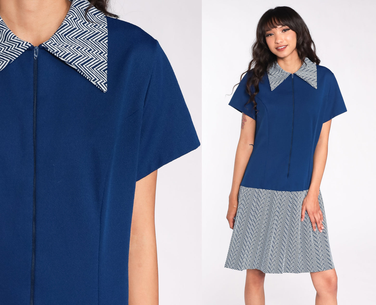 60s Mod Blue Zig Zag Mini Dress Drop Waist Front Zip Short Sleeve Extra Large