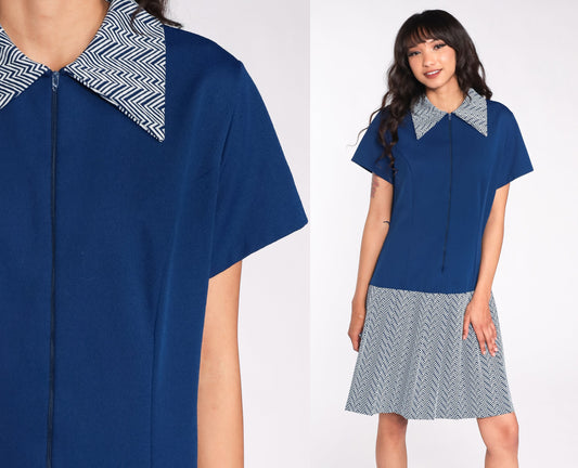 60s Mod Blue Zig Zag Mini Dress Drop Waist Front Zip Short Sleeve Extra Large
