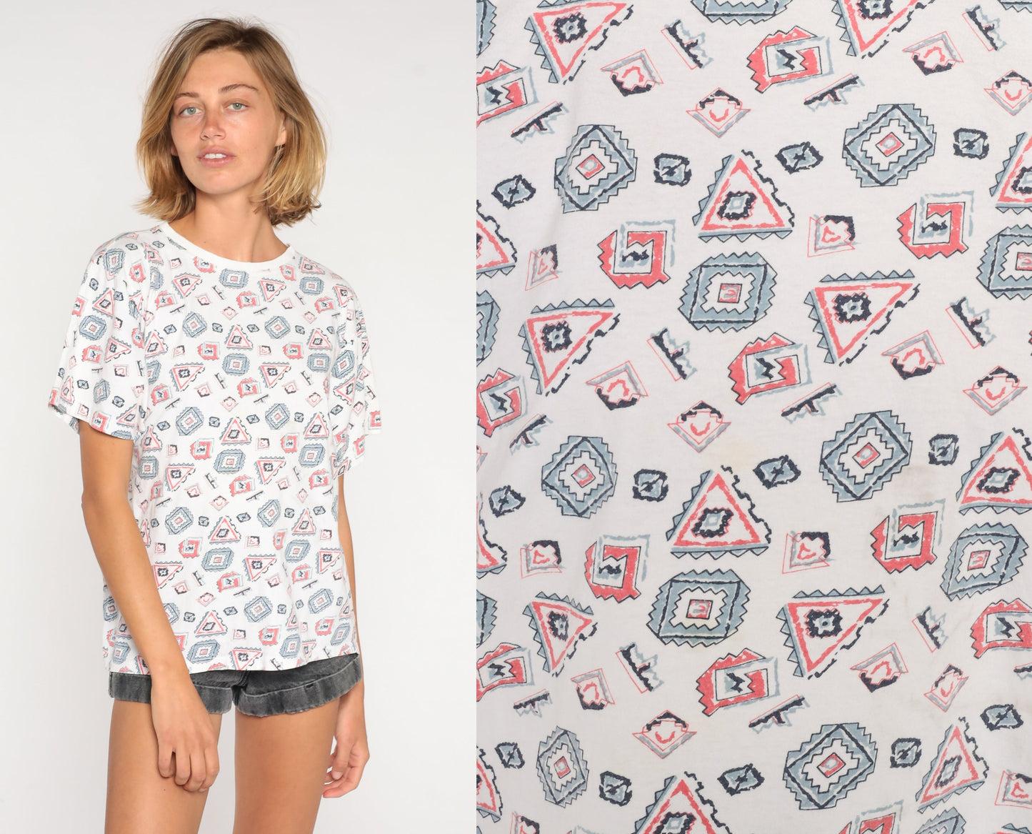 90s Geometric Print T-Shirt Southwestern Graphic Cotton Small