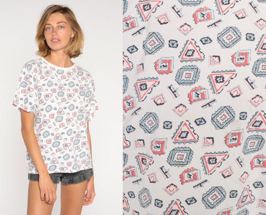 90s Geometric Print T-Shirt Southwestern Graphic Cotton Small