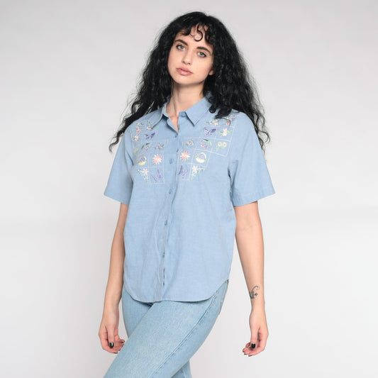 90s Alfred Dunner Blue Embroidered Floral Button Up Shirt Large L