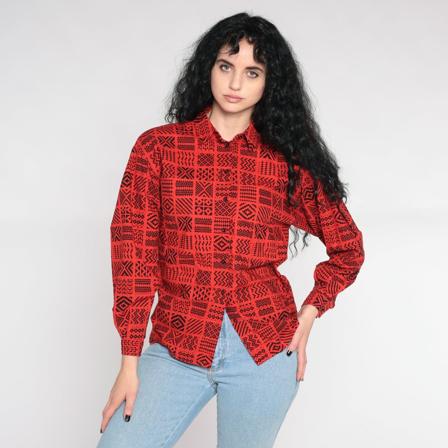 80s Liz Claiborne Geometric Button Up Shirt Red Southwestern Zig Zag Small