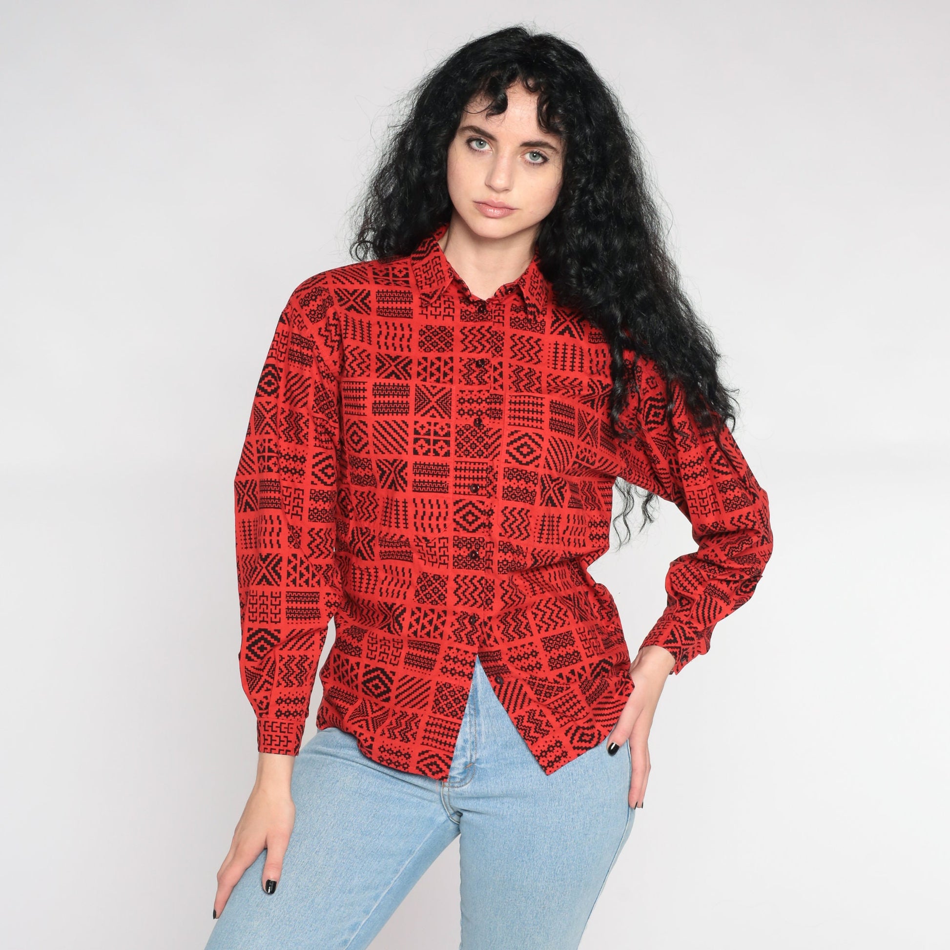 80s Liz Claiborne Geometric Button Up Shirt Red Southwestern Zig Zag Small