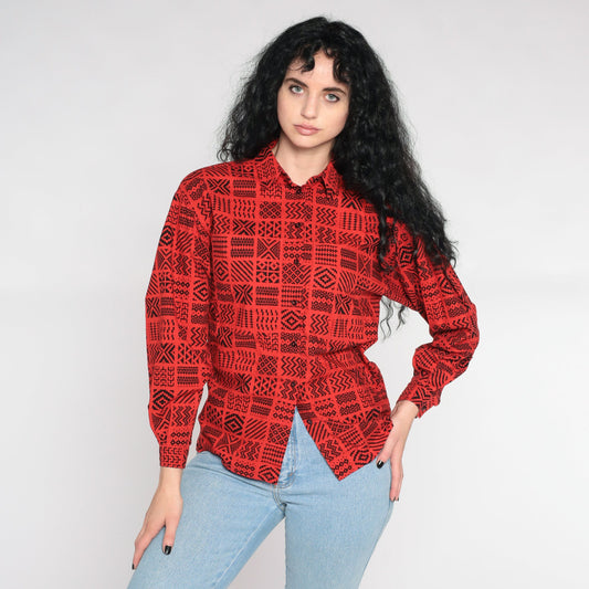 80s Liz Claiborne Geometric Button Up Shirt Red Southwestern Zig Zag Small