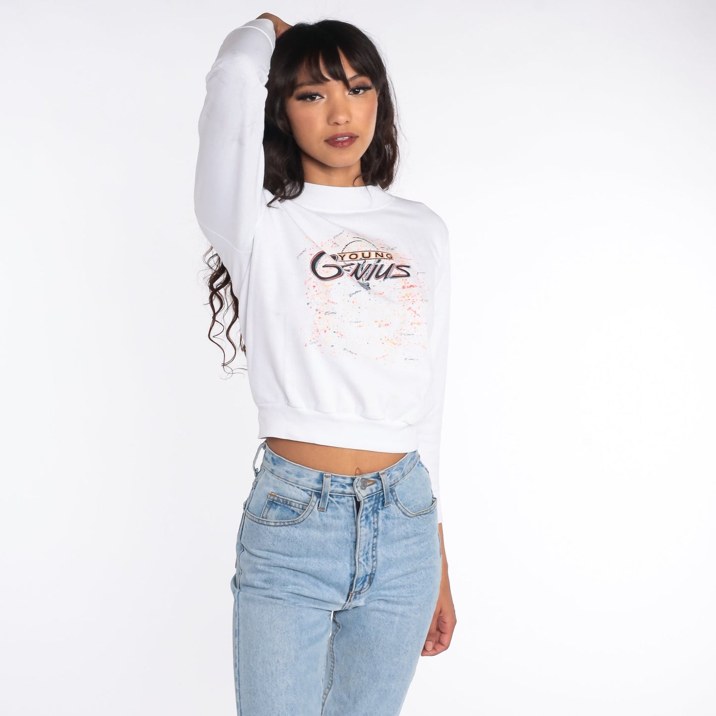 90s Young Genius Cropped Sweatshirt White Graphic Crewneck XXS
