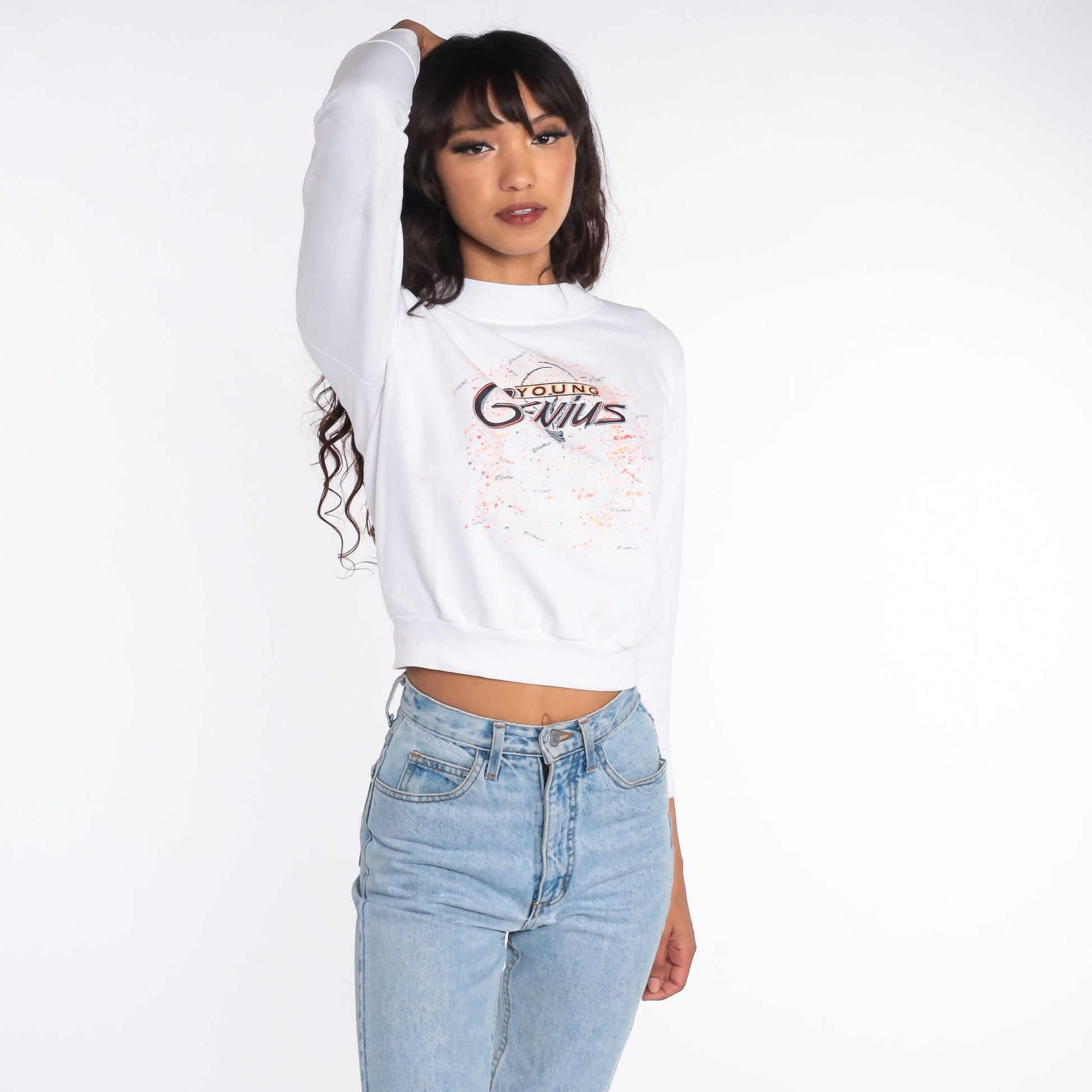 90s Young Genius Cropped Sweatshirt White Graphic Crewneck XXS
