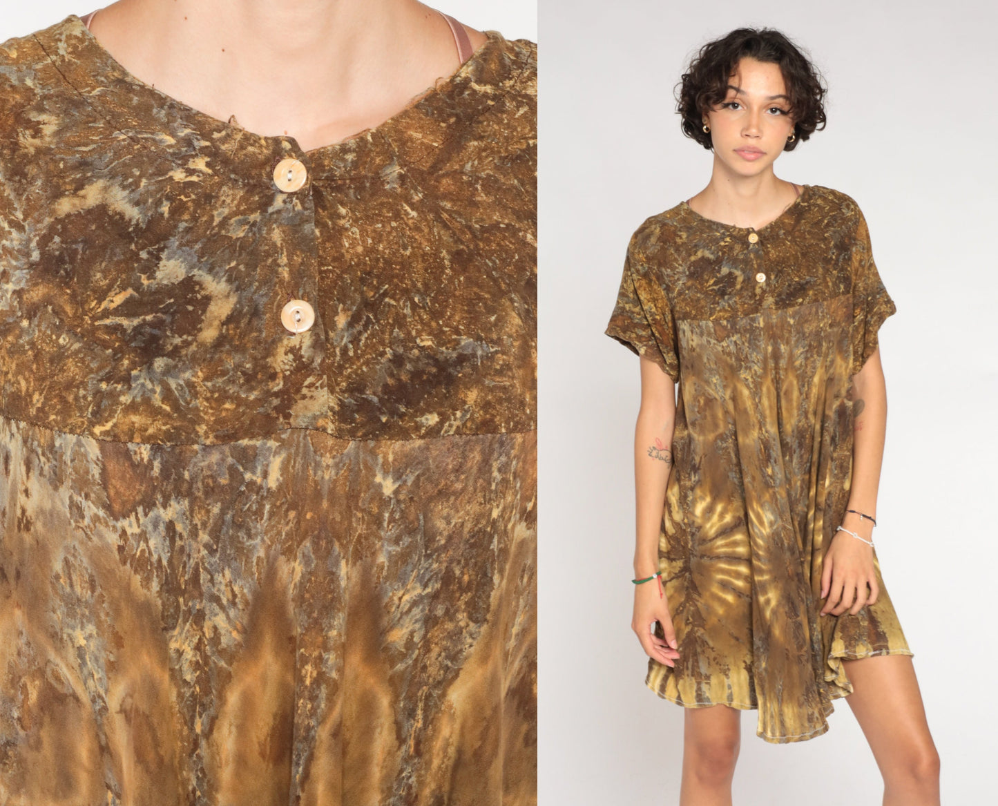 90s Tie Dye Mini Dress Brown Tent Cut Empire Waist Rayon Large