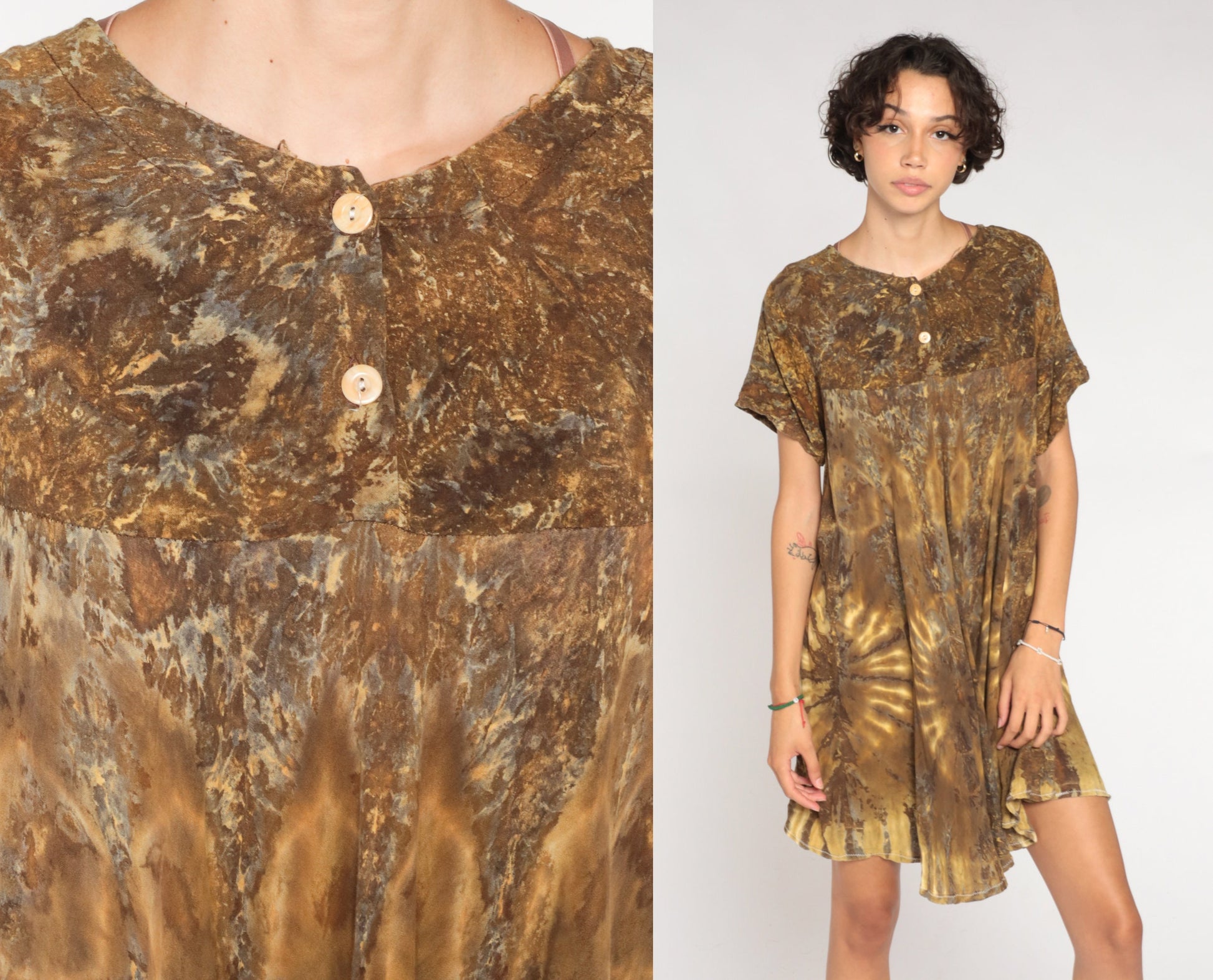 90s Tie Dye Mini Dress Brown Tent Cut Empire Waist Rayon Large