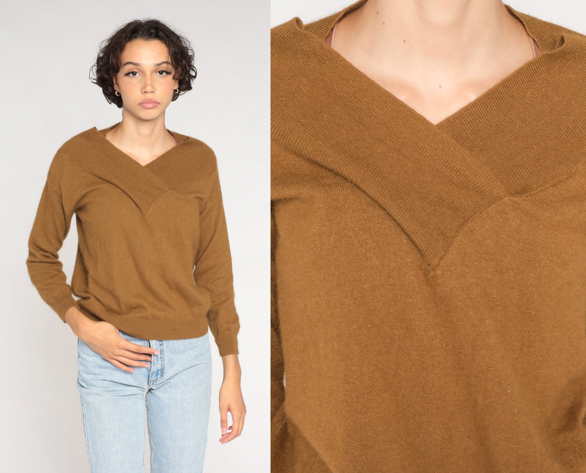 00s Brown Wool Sweater V-Neck Shawl Collar Pullover Small S