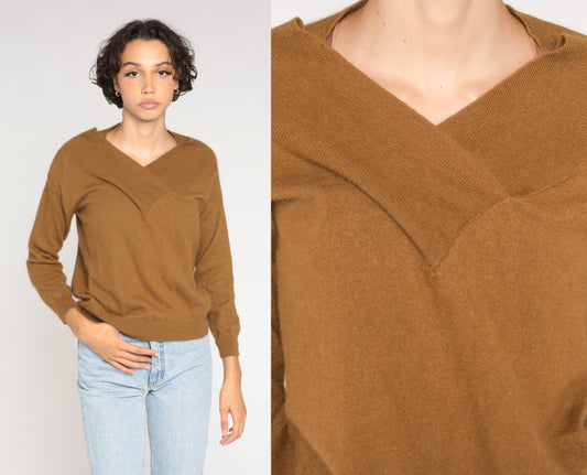 00s Brown Wool Sweater V-Neck Shawl Collar Pullover Small S