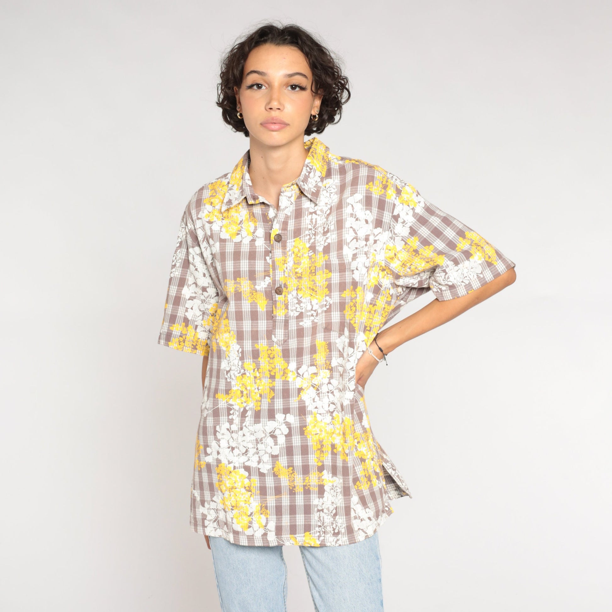 80s Checkered Floral Short Sleeve Button-Up Shirt White Brown Yellow Extra Large XL