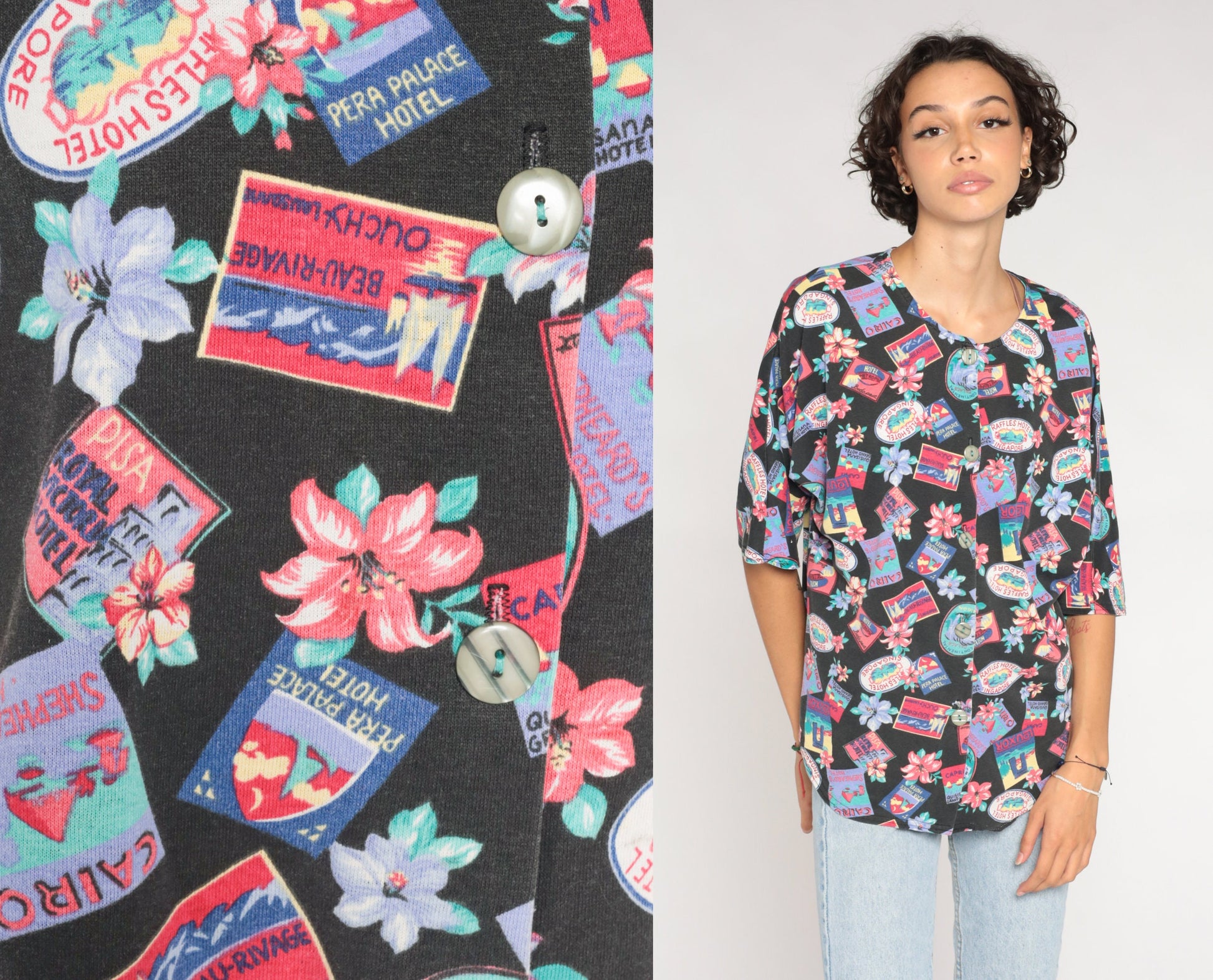 90s Tropical Travel Print Button-Up Shirt Black Graphic Blouse Extra Large