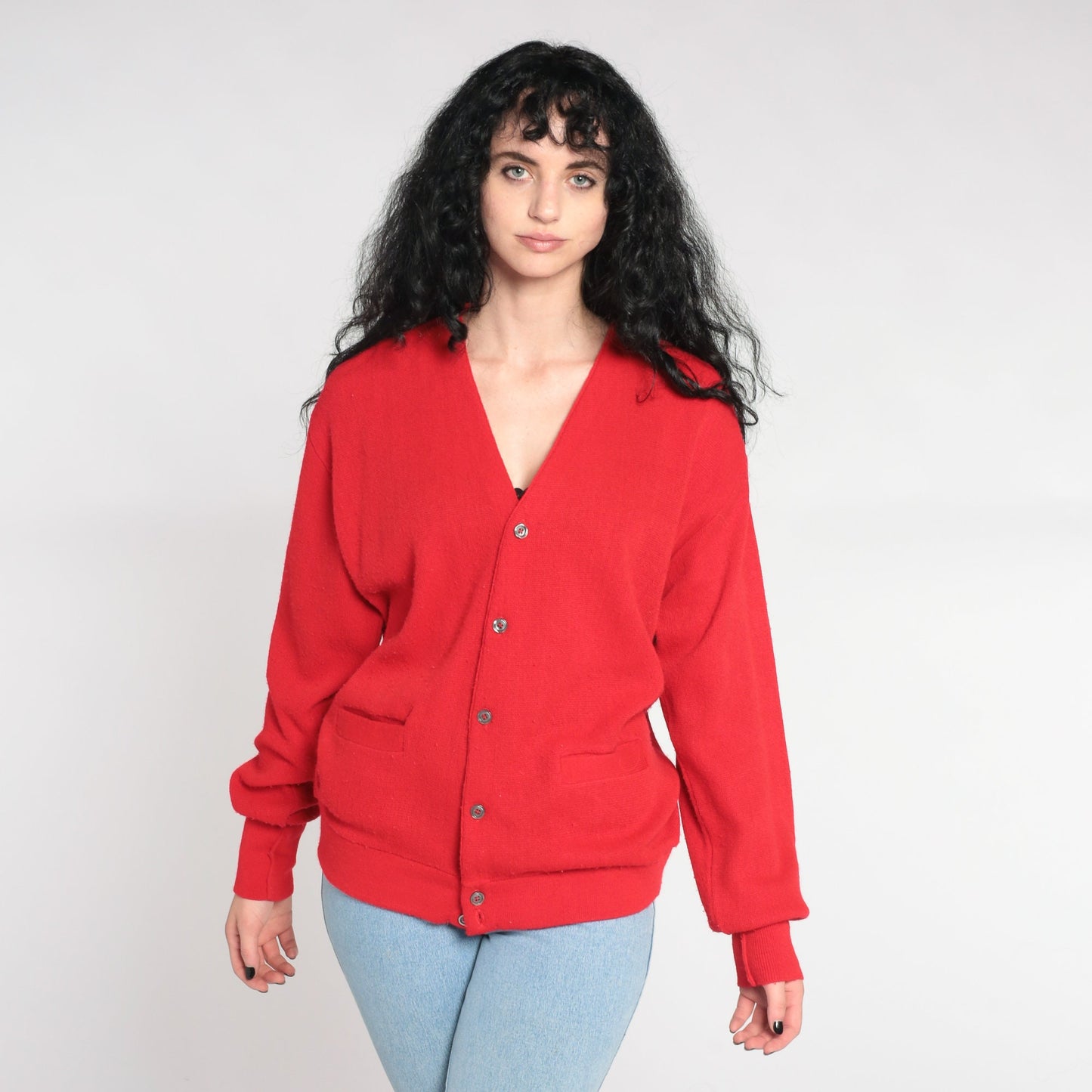 80s Red Knit Cardigan V-Neck Button-Up Sweater Large L