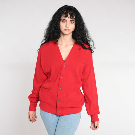 80s Red Knit Cardigan V-Neck Button-Up Sweater Large L