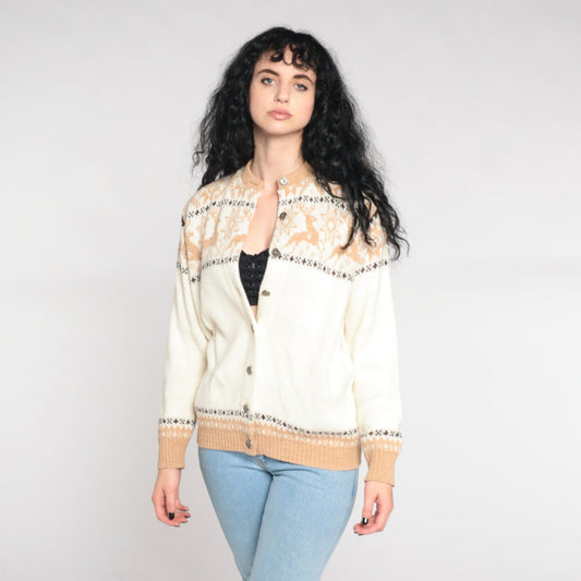 70s White Reindeer Fair Isle Cardigan Sweater Nordic Snowflake Button-Up Medium