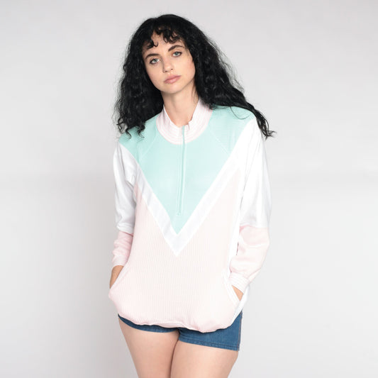 80s Colour Block Quarter Zip Sweatshirt Mock Neck Pink Mint Medium