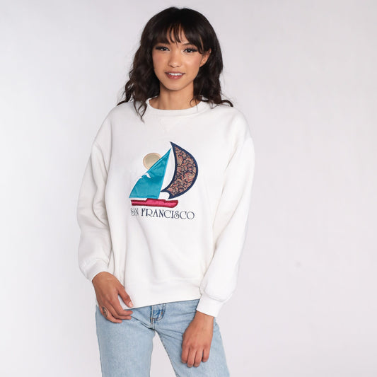 90s San Francisco Sailboat Sweatshirt White Nautical Graphic Crewneck Large L