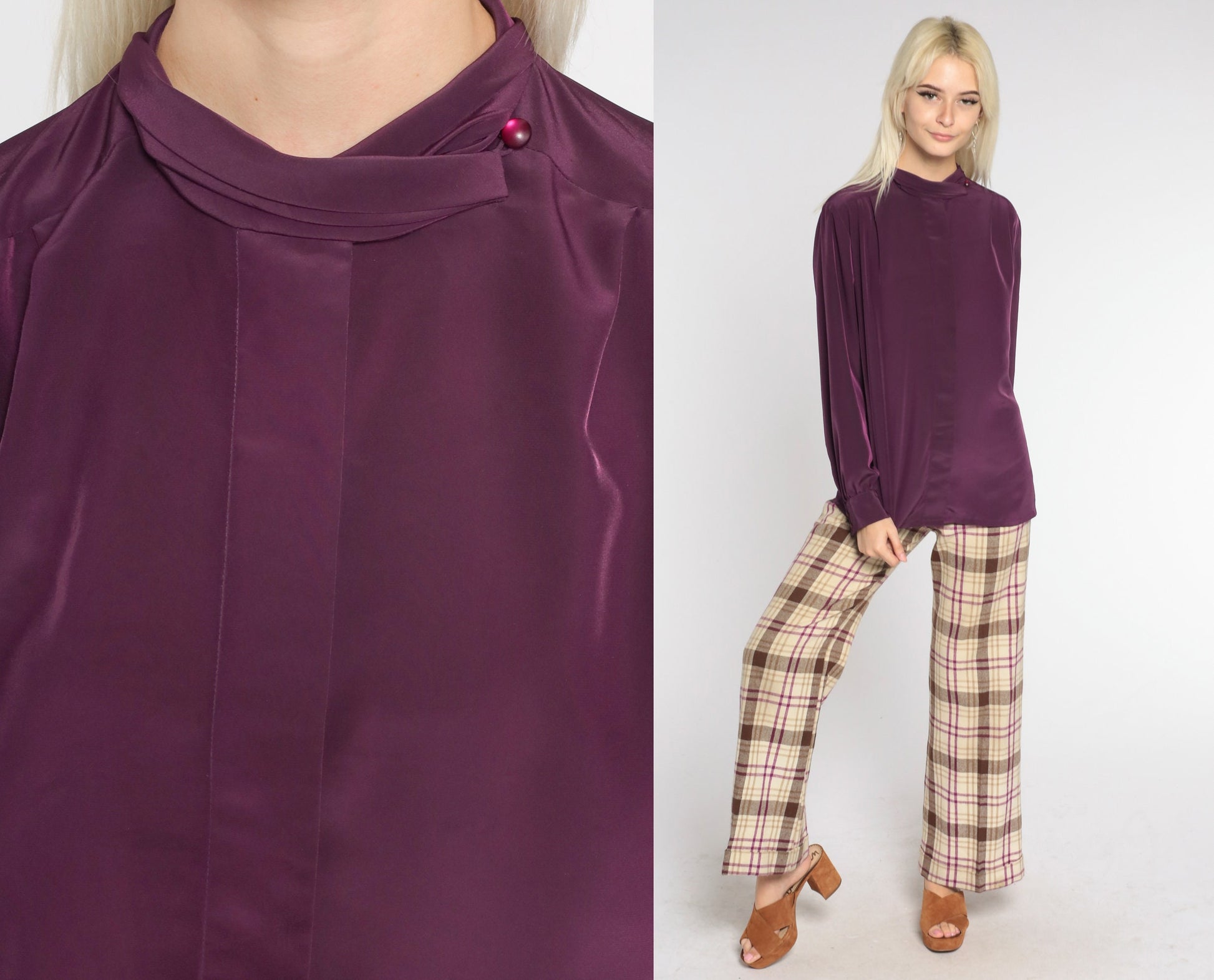 80s Pendleton Eggplant Blouse Long Sleeve High Neck Hidden Button Shirt Large L