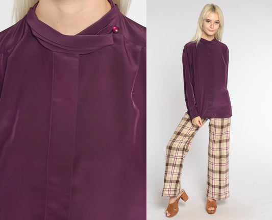 80s Pendleton Eggplant Blouse Long Sleeve High Neck Hidden Button Shirt Large L