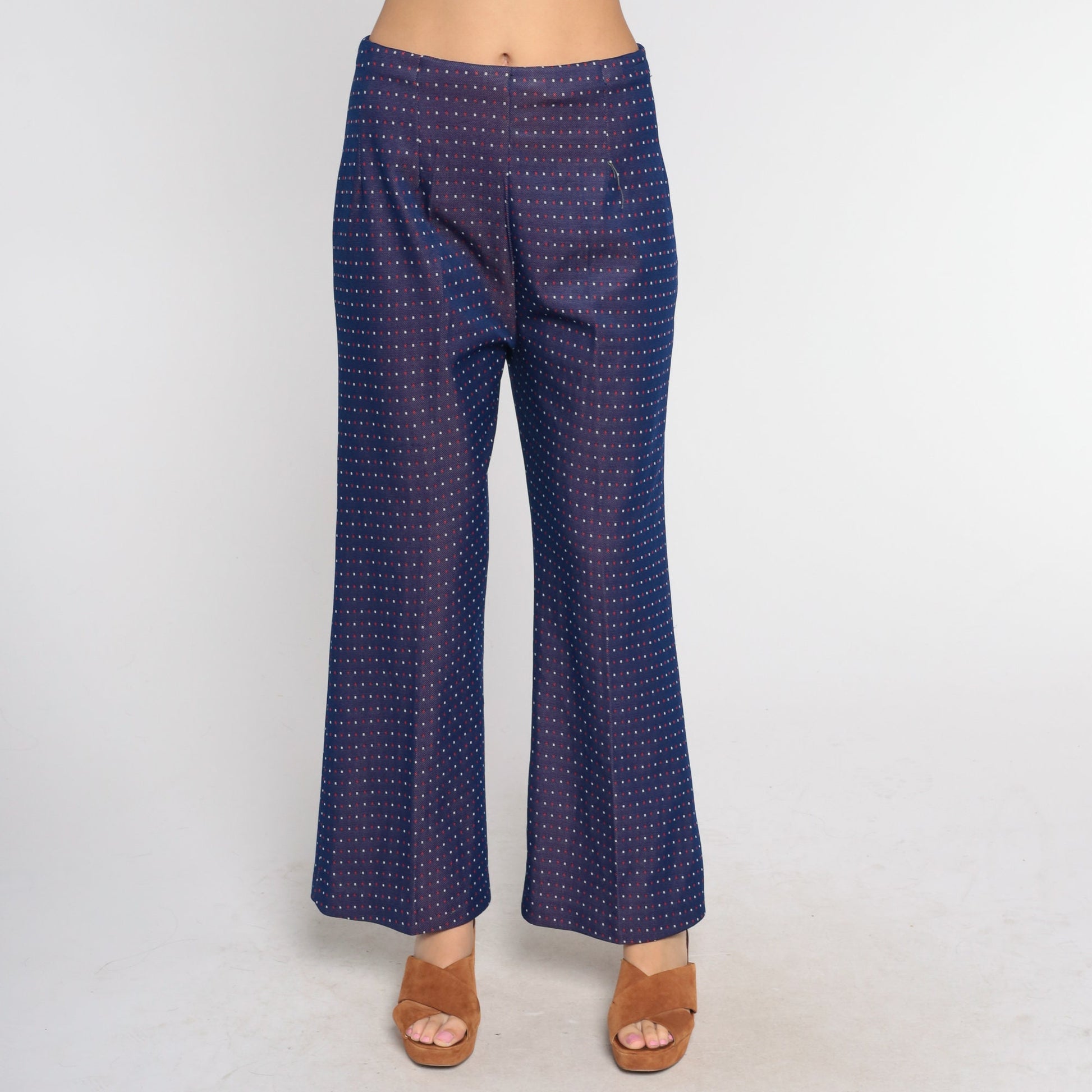 70s Navy Polka Dot Bell Bottom Pants High Waist Flared Trousers Medium Large