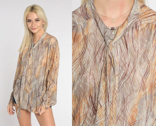 70s Ascot Blouse Brushstroke Print Tie Neck Long Sleeve Tan Brown Large