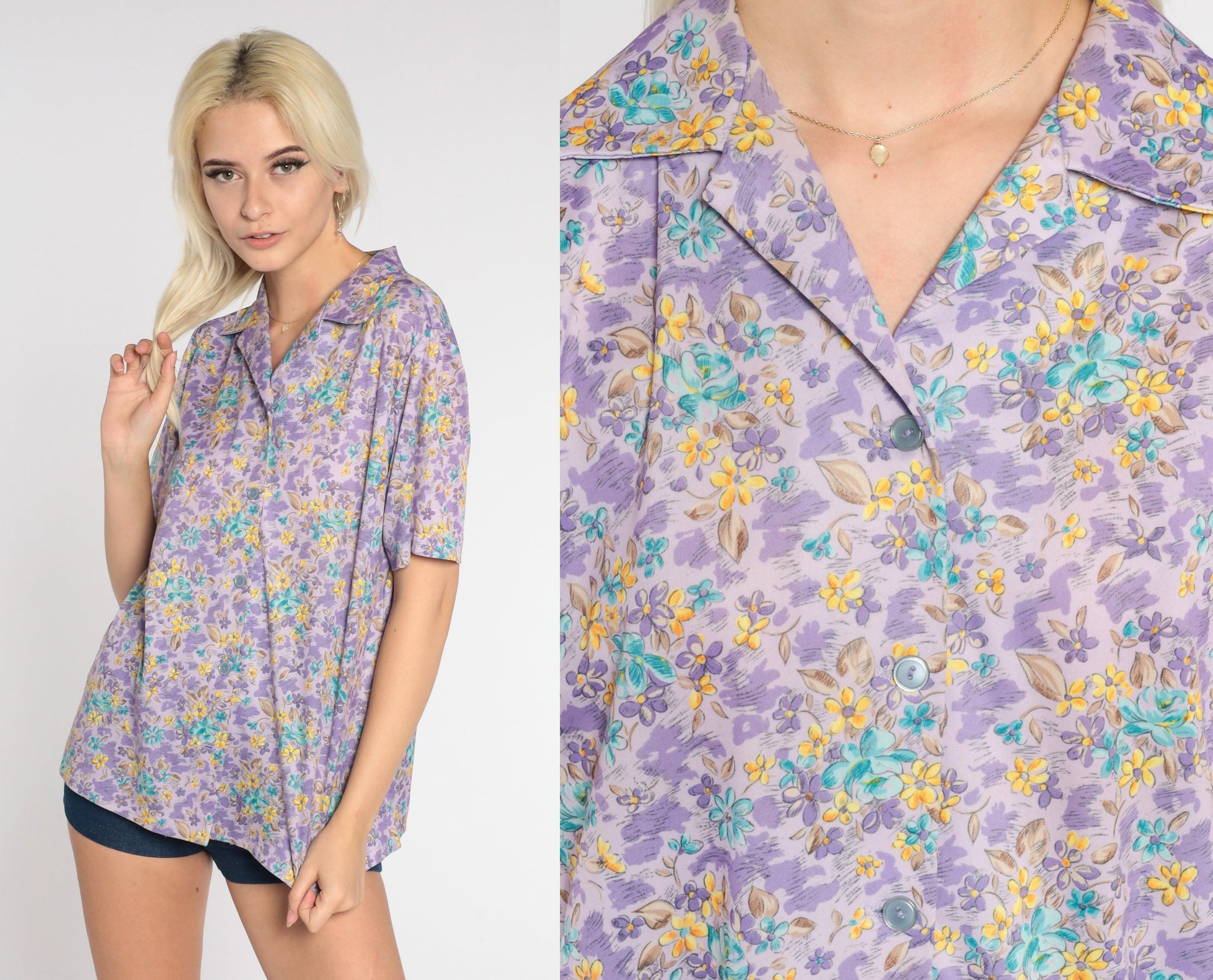 70s Purple Floral Button-Up Blouse Short Sleeve Collared Shirt Medium