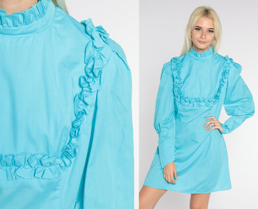 70s Blue Babydoll Mini Dress Empire Waist High Neck Puff Sleeve Small Medium
