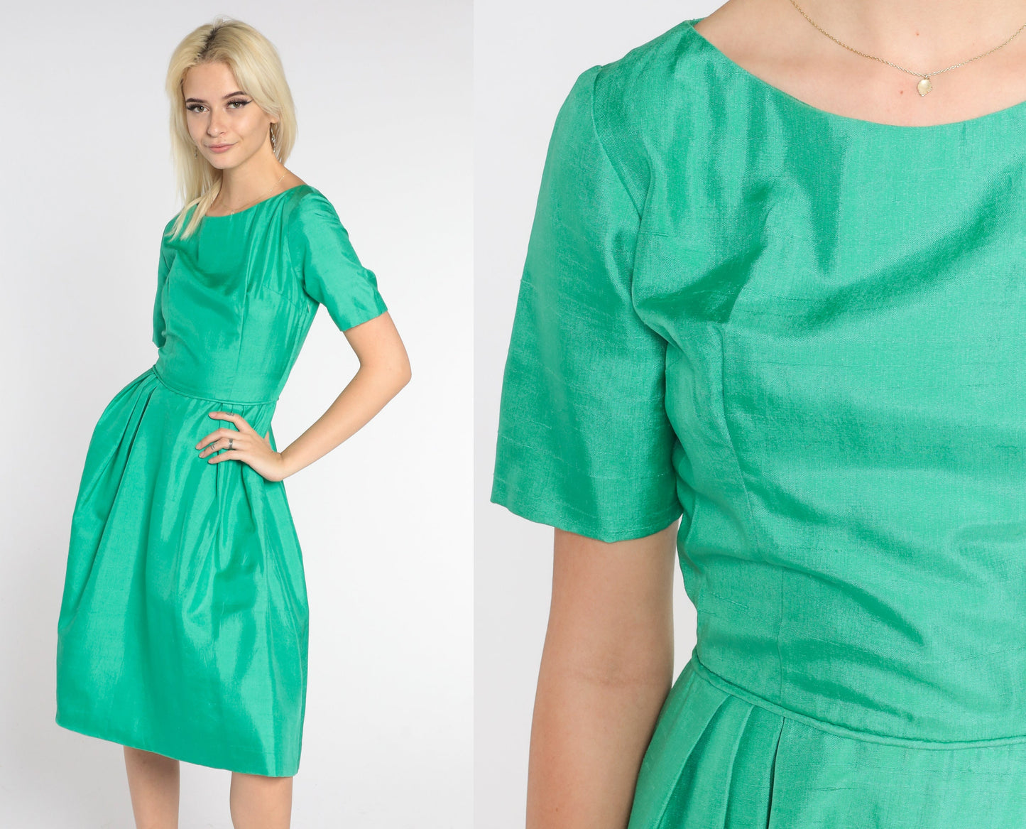 60s Green Knee-Length Dress High Waist A-Line Short Sleeve Extra Small