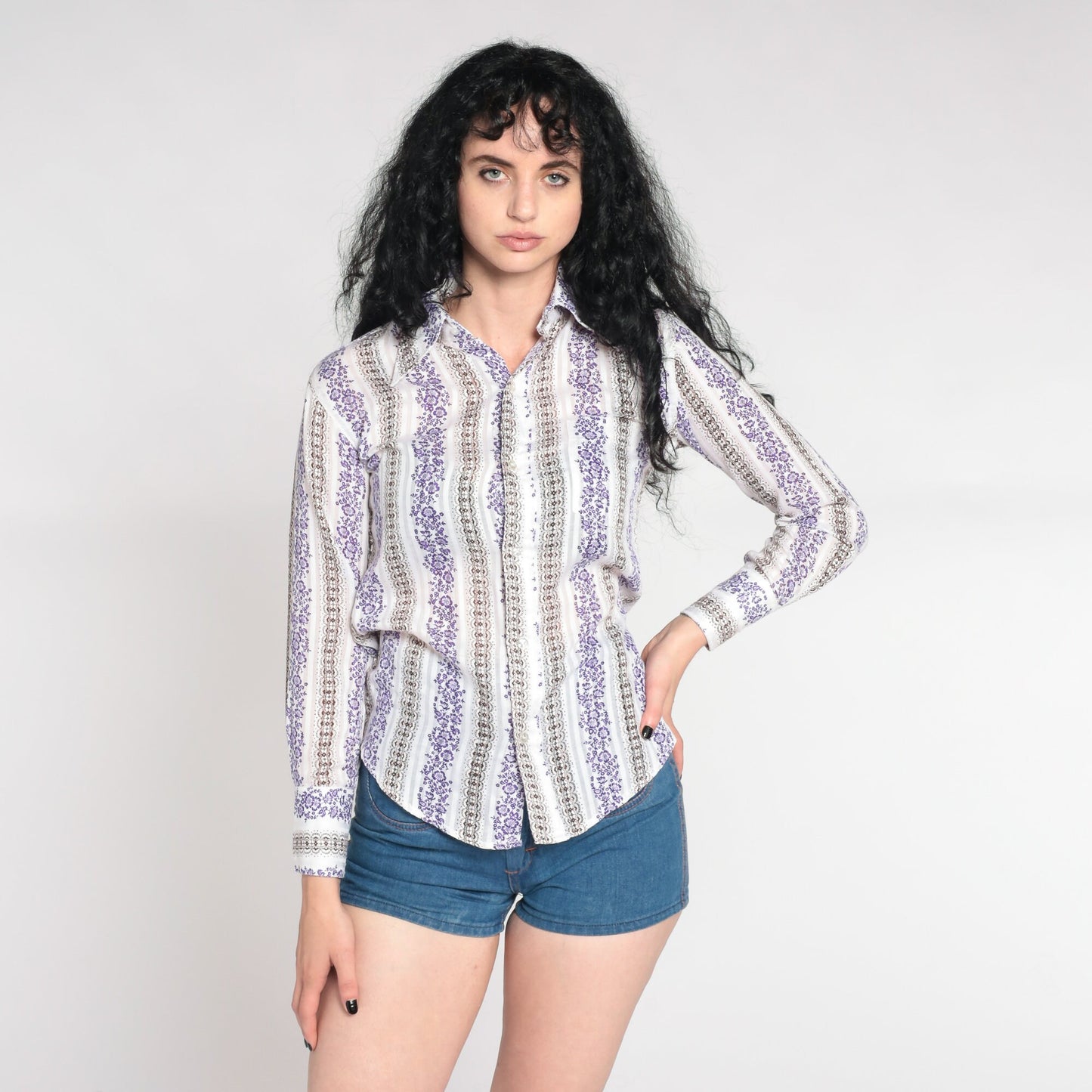 70s Striped Floral Dagger Collar Button-Up Shirt White Purple Small