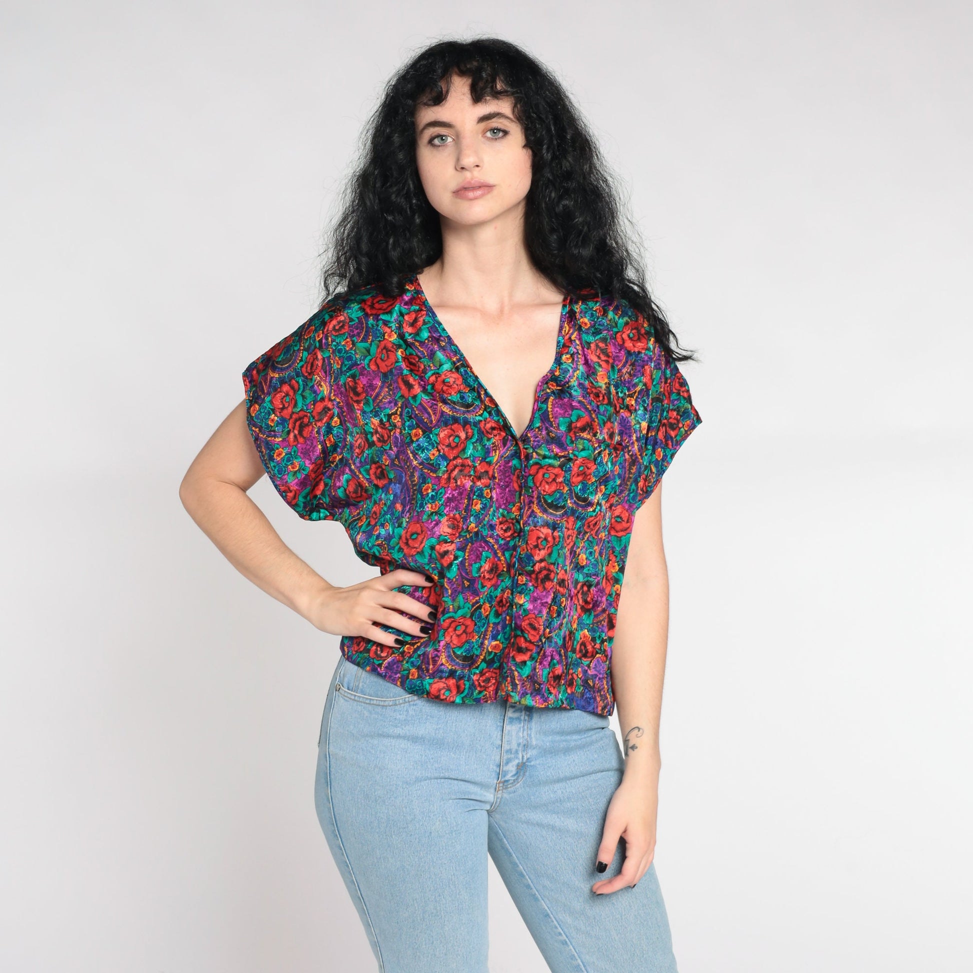 90s Embossed Paisley Floral Satin Pajama Top Button-Up Sleep Shirt Large L
