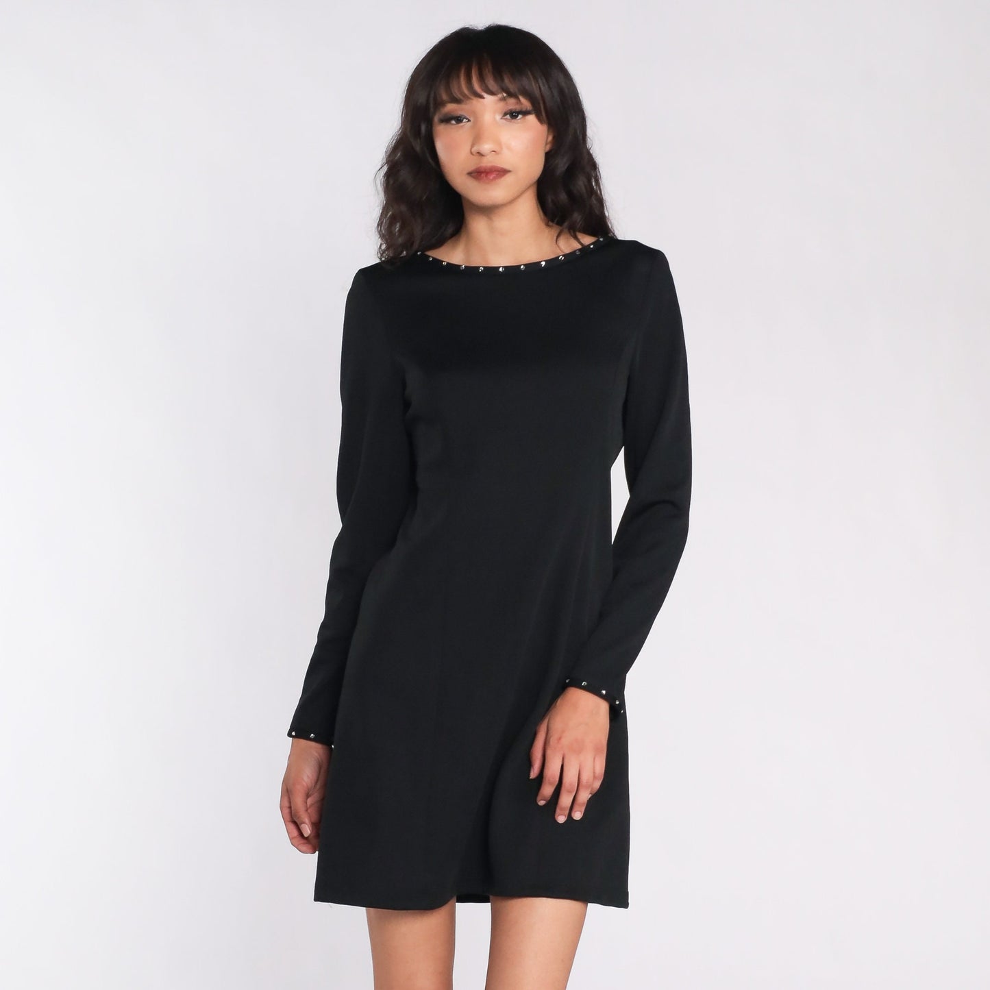70s Black Mini Dress Rhinestone Low Back Shift Dress Medium