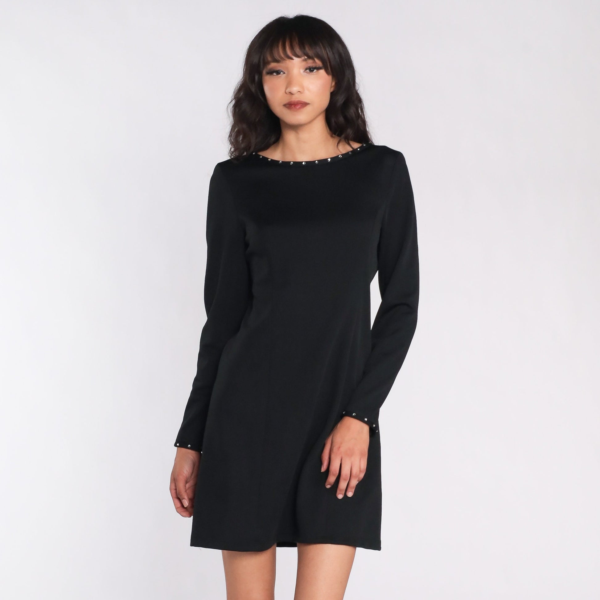 70s Black Mini Dress Rhinestone Low Back Shift Dress Medium