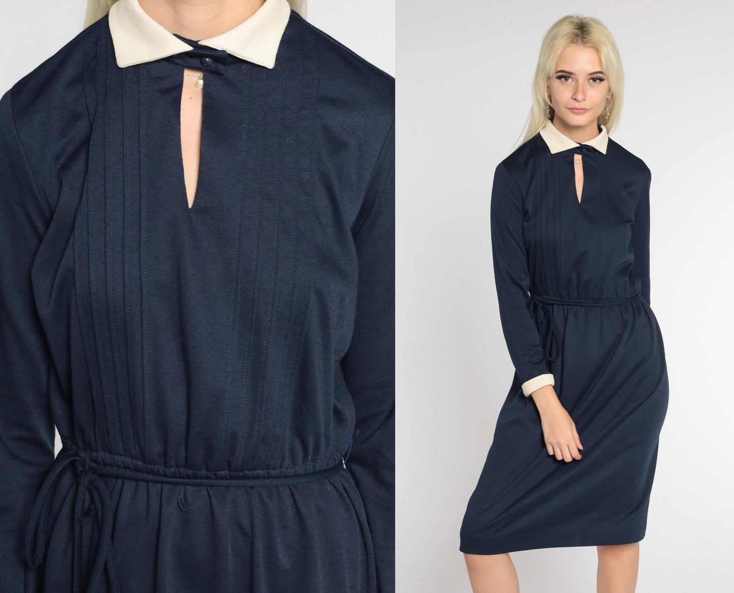 80s Navy Collared Midi Dress Cream Keyhole High Waist Long Sleeve Small