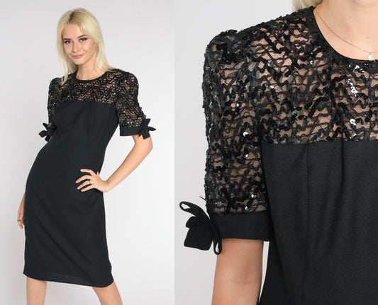 80s Black Sequin Lace Pencil Dress Knee Length Short Sleeve Small