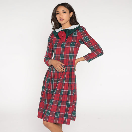 80s Red Plaid Midi Dress Peter Pan Collar Puff Sleeve Drop Waist Extra Small