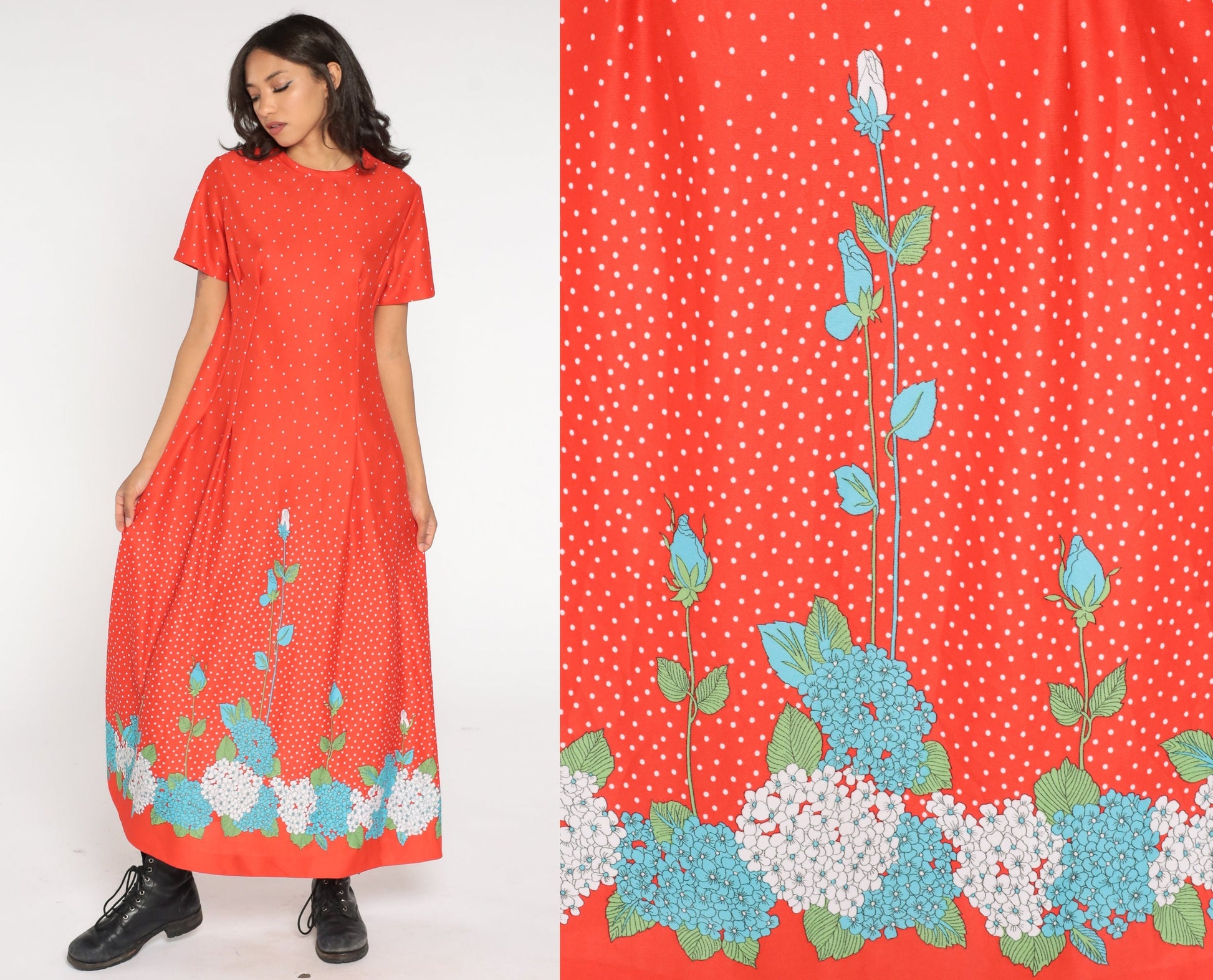 70s Red Floral Hydrangea Dot Print Maxi Dress Jacket Two Piece Set Large L