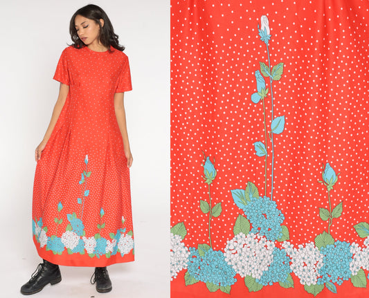 70s Red Floral Hydrangea Dot Print Maxi Dress Jacket Two Piece Set Large L