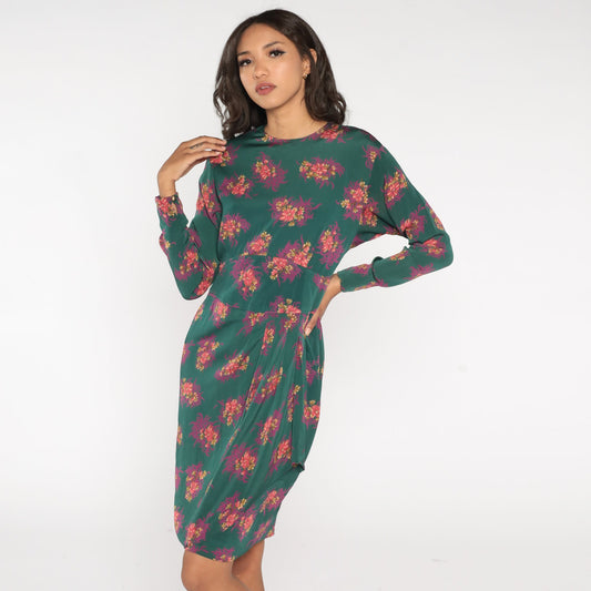 90s Liz Claiborne Green Floral Tulip Hem Sheath Dress Knee Length Medium