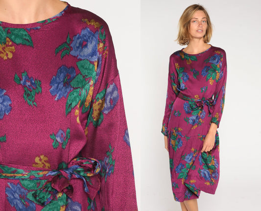 90s Purple Floral Midi Dress Long Sleeve Tie Belt Medium