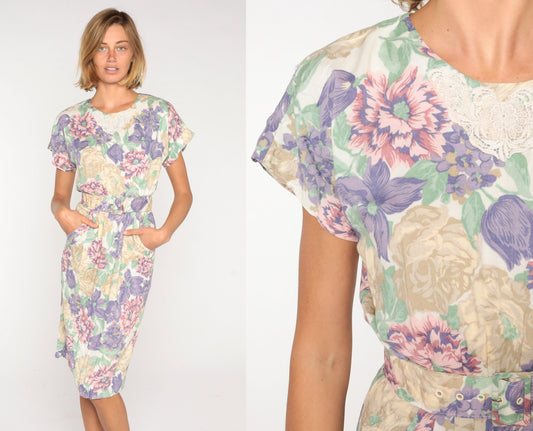 80s Floral Midi Dress White Lace Appliqué Belted Pencil Short Sleeve Small S