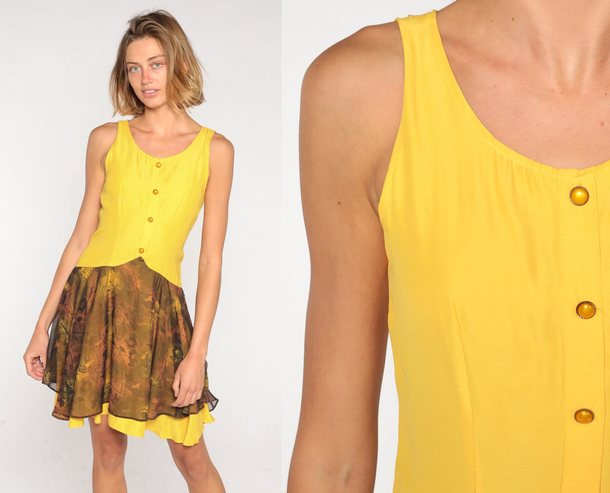 90s Yellow Paisley Mini Dress Sleeveless Button-Up Flowy Layered Extra Small