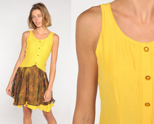 90s Yellow Paisley Mini Dress Sleeveless Button-Up Flowy Layered Extra Small